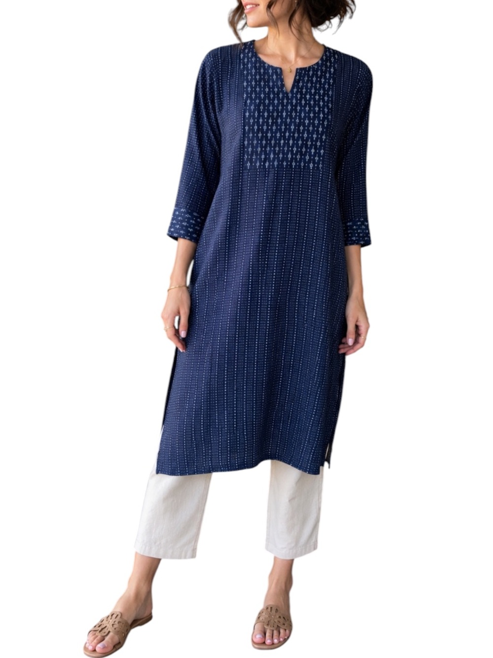 AVAASA Navy Block Print Kurta Tunic Indo Western Modest Casual Travel Global | M